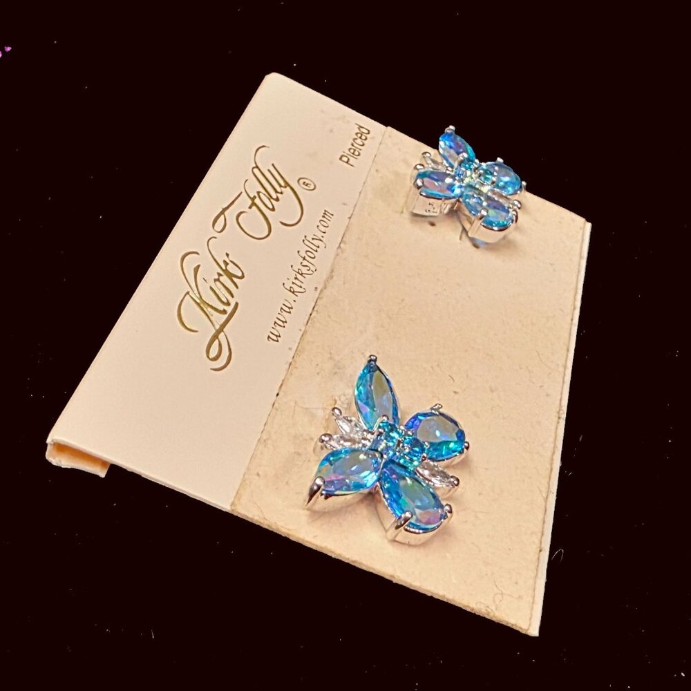 Kirks Folly Butterfly Earrings Iridescent Blue Aurora Borealis Crystals - Picture 2 of 9